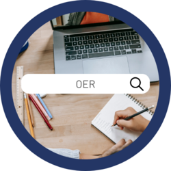 Image of a person doing online learning by Katerina Holmes from Pexels. This image sits on top of a navy blue circle. Image of a search bar with OER across the centre of the image.