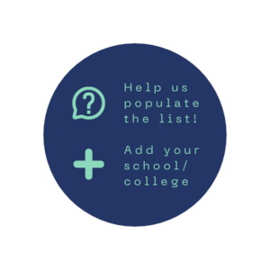 Navy blue circle with text reading 'help us populate the list' accompanied by a speech bubble containing a question mark. The second sentence reads 'add your school/college' accompanied by a plus sign. Both icons and text are in mint green colour.