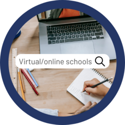 Image of a person doing online learning by Katerina Holmes from Pexels. This image sits on top of a navy blue circle. Image of a search bar with virtual/online schools across the centre of the image.