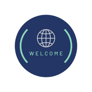 Navy blue circle containing the word Welcome below an illustration of a globe. Both are flanked by green semi circle line arcs.
